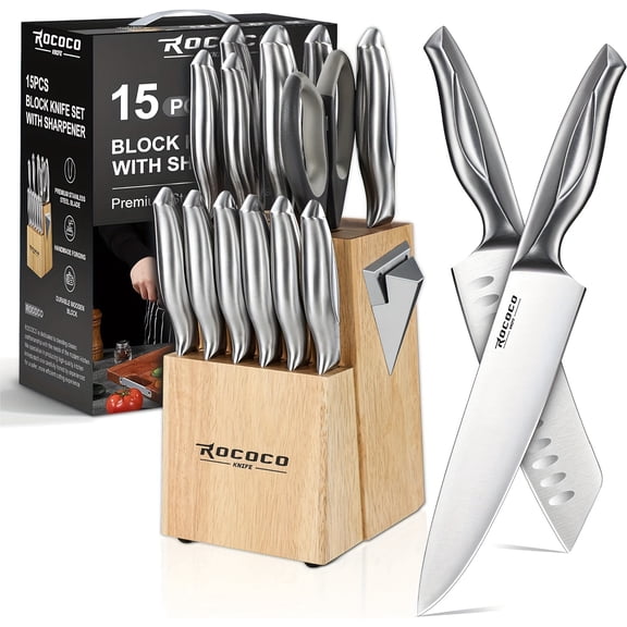 15pcs Kitchen Block Knife Set -Kitchen Knife Set with Block and Sharpener Dishwasher Safe Father Mother Birthday Christmas Gift