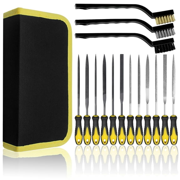 15pcs Mini File Set,  6pcs Jewlers Files & 6 Steel Files for Precision Metal File Work, Wood Files, Woodworking, Plastic Carving Tool with 3Pcs Steel Brush and 1Pcs Carry Case
