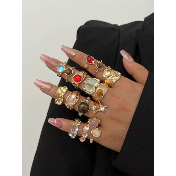 15pcs Multicolor Y2K Style Faux Gemstone Ring Set With Goldtone Metal And Assorted Stones For Women