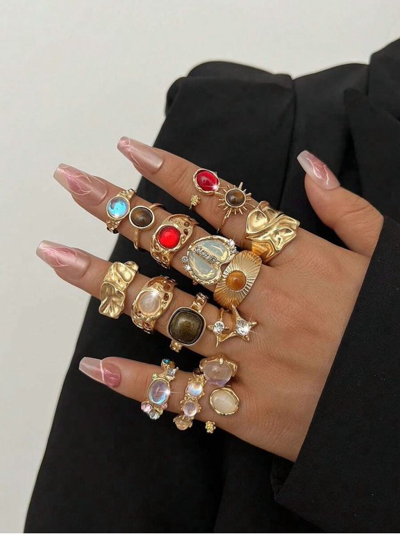 15pcs Multicolor Y2K Style Faux Gemstone Ring Set With Goldtone Metal And Assorted Stones For Women