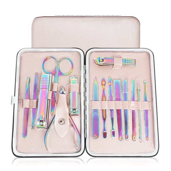 15pcs Nail Clipper,Rainbow Chameleon Manicure Nail Kits,Stainless Steel Professional Pedicure Set,Nail Scissors,Nail File,Fingernail,Toenail Clippers with Rose Gold Leather Travel Case