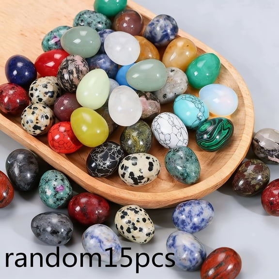 15pcs Natural Crystal Pocket Mixed Color Egg-Shaped Stone Set - Polished Stone Eggs, Perfect Easter Decoration with Random Gift