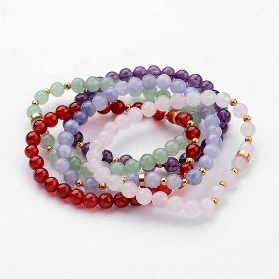 15pcs Natural Round Gemstone Beaded Stretch Bracelets with Iron Spacer Beads Mixed color 54mm(2-1/8 inch)