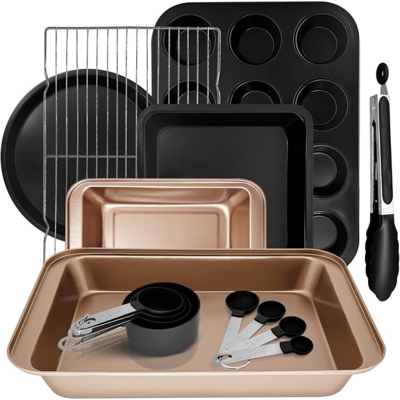 15pcs Nonstick Bakeware Set with Cooling Rack & Accessories, Baking Pan Set Includes Muffin Pan, Cake Pans, Loaf Pan, Baking Sheet, Measuring Cups & Tongs Oven Safe Metal Bakeware for Home Baking