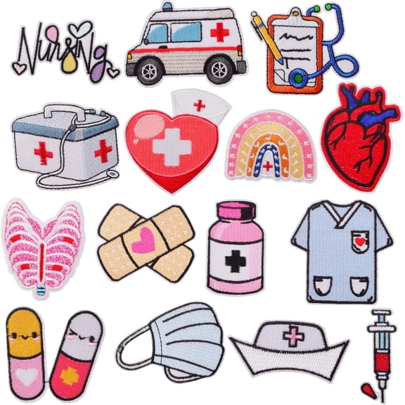 15pcs Nurse Iron/Sew on Patches Cartoon Pill Heart Rainbow Syringe Medical Nursing Embroidered Patch for DIY Crafts Clothing Backpack Hat Decoration