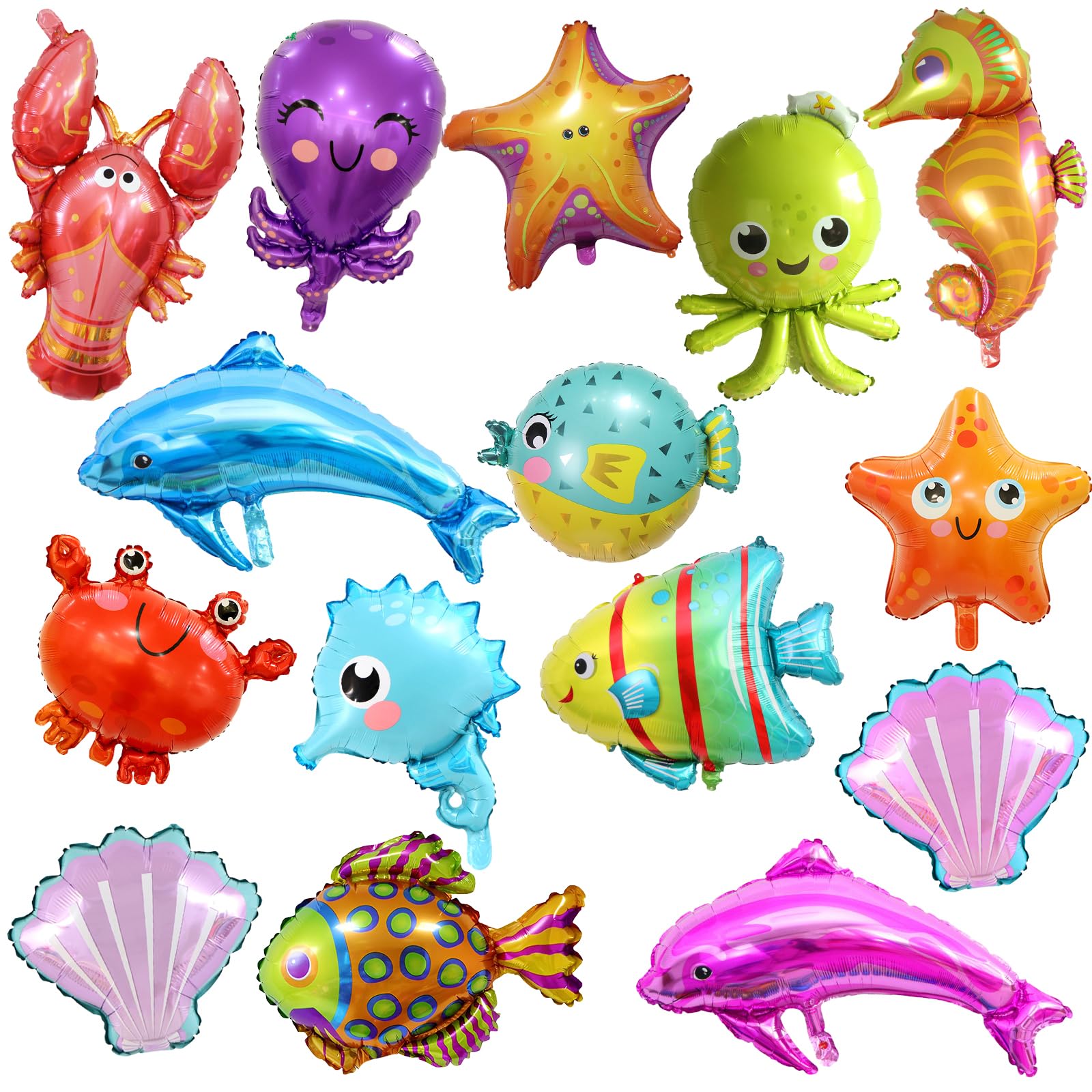 15pcs Ocean Themed Party Decorations, TACYKIBD Under The Party Decorations, Starfish Octonauts Seahorse Lobster Cute Marine Balloons, Huge Animal Balloon for Baby Shark Birthday Decorations C48