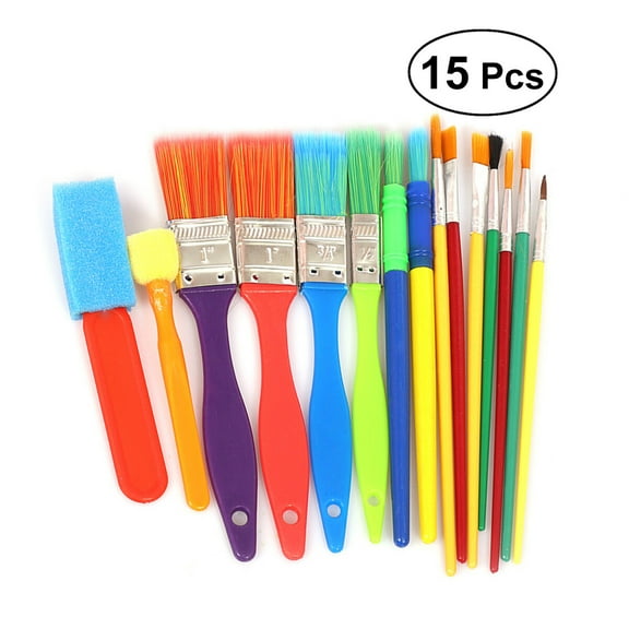 Durable 15pcs Paint Brush Set for Kids with Bright Assorted Color Handles Easy to Clean and Reuse