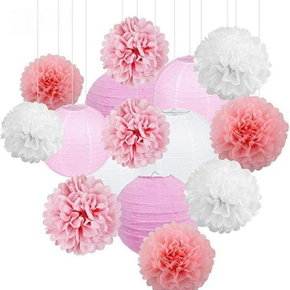 15pcs Party Decorations Paper Flowers Lanterns Party Pack and Pom Pom Balls Hanging Decoration for Birthday Party Wedding Shower Decor