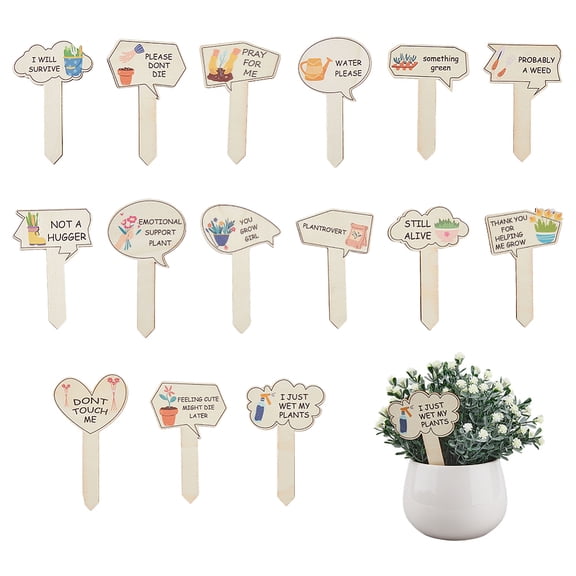 15pcs Plant Garden Signs 15 Styles Funny Wooden Plant Markers T-Type Garden Labels with Stable Bottom for Flowers Garden Potted Plants