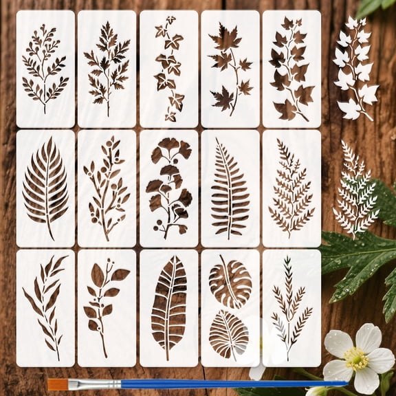 15pcs Plant Leaves Paint Stencils with Paint Brush 7.9x3.9inch Palm Fern Leaf Stencils Small Tropical Leaves Stencil Reusable Plant Stencil