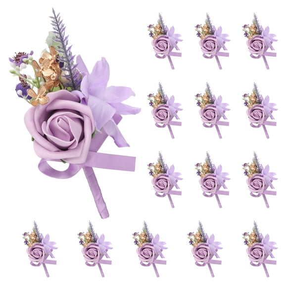 Uxcell 15 Pcs Purple Polyester Metal Boutonnieres Corsage for Men Groom Groomsmen Bride 5 inch