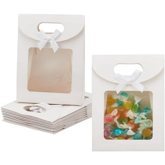 15pcs Rectangle Paper Gift Bags with Clear Window Ribbon Bowknot Decorated Rectangle bag for Birthday Wedding Celebration Party Packing White 12x6.15x16cm