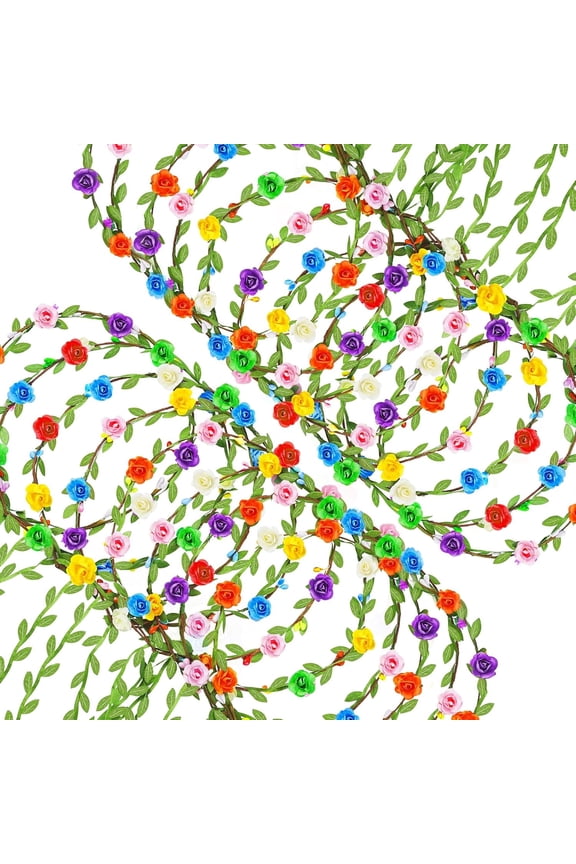 15pcs Rose Flower Crown Headband Garland, Multicolor Headbands Wreath Floral Bohemian Headpiece for Vacation Fairy Party Wedding Festival