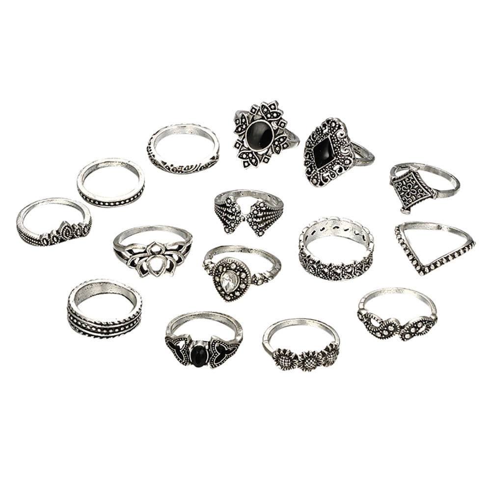 15pcs/Set Women Bohemian Vintage Silver Stack Rings Above Blue Rings