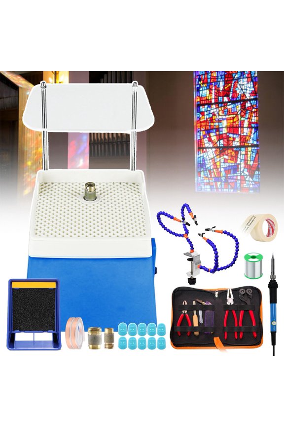 15pcs Stained Glass Starter Kit,Set with Glass Grinder/Glass Cutter Tool Kit/Soldering Iron Kit/solder exhaust fan/Solder Clamp/Consumables,Complete Starter Tool Kit Set for Beginner