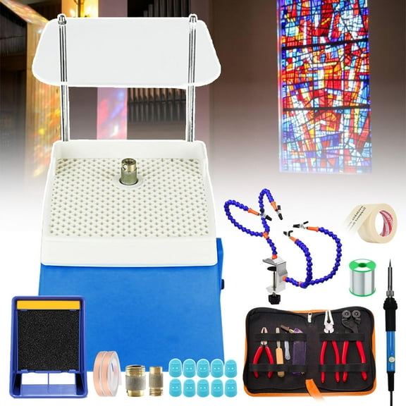 15pcs Stained Glass Starter Kit,Set with Glass Grinder/Glass Cutter Tool Kit/Soldering Iron Kit/solder exhaust fan/Solder Clamp/Consumables,Complete Starter Tool Kit Set for Beginner