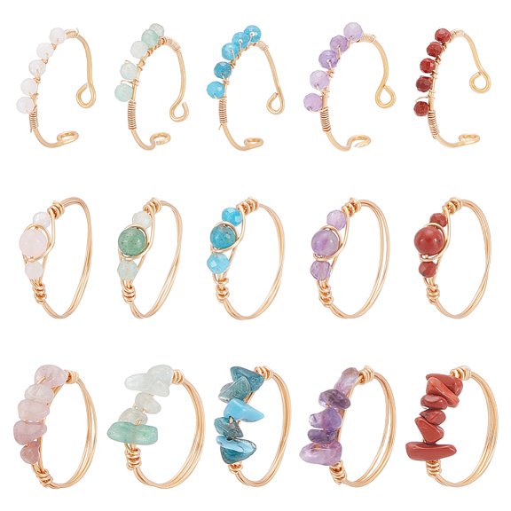 15pcs Stone Ring 3 Styles Golden Irregular Nature Gemestone Rings Wire Wrapped Colorful Threading Beads Luncky Stone Jewelry DIY