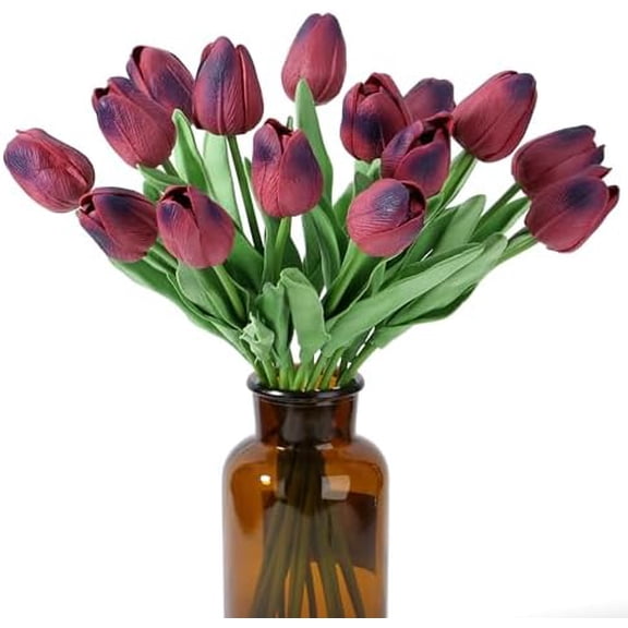 15pcs Tulips Fake Burgundy Artificial Flowers Real Touch 14" PU Flower for Home Decor Easter Spring Wedding Bouquet Decorations Mother's Gift Day Floral Arrangements