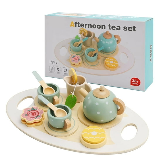 15pcs Wooden Tea Set, Wooden Toys, Tea Set Play Kitchen Accessories Play Food playset for Tea Party