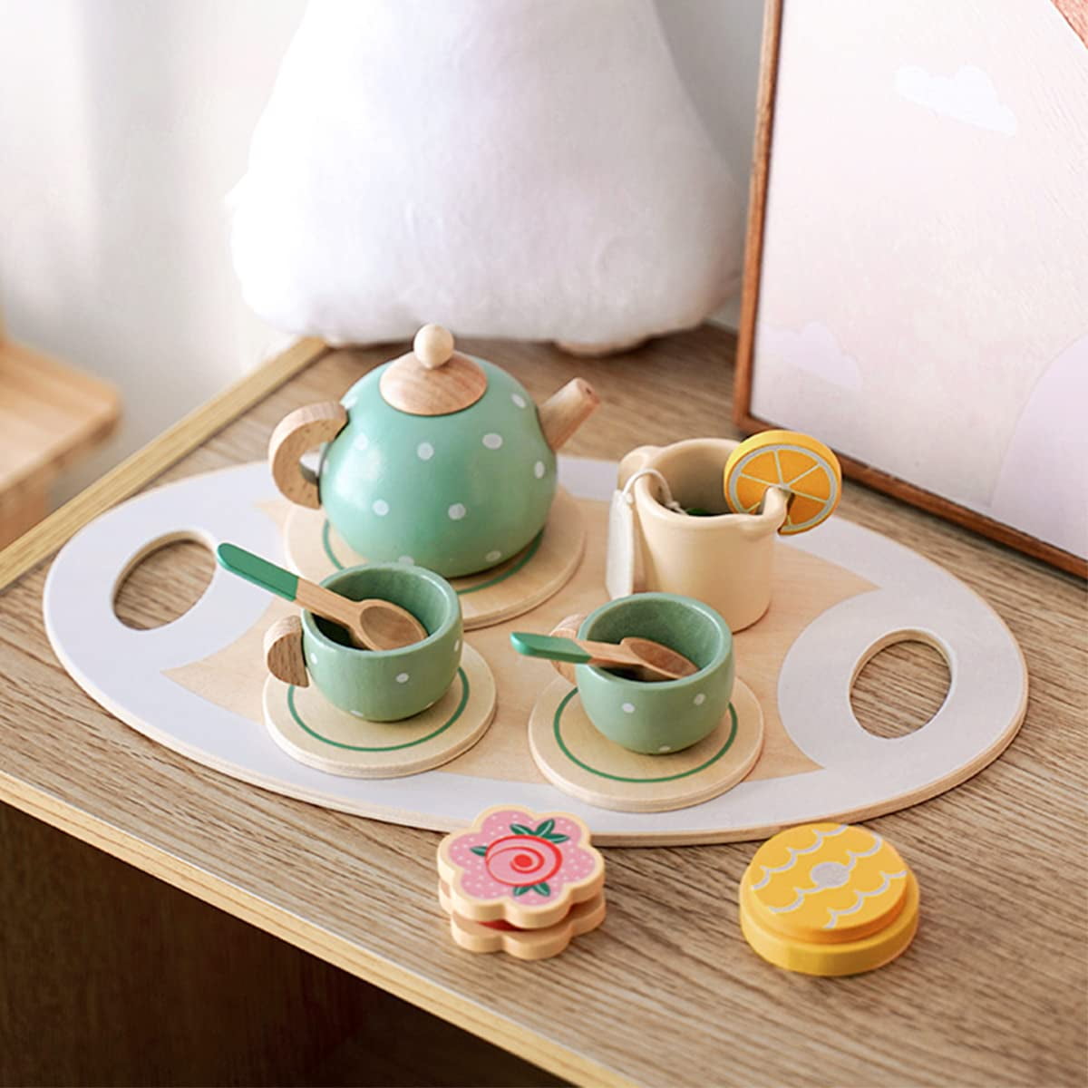 15pcs Wooden Tea Set for Little Girls, Wooden Toys Toddler Tea Set Play