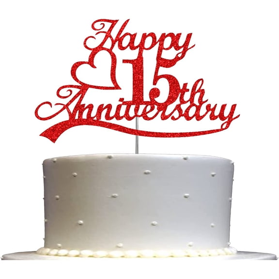 15th Anniversary Cake Topper Red Glitter, 15 Wedding Anniversary Party Decoration Ideas, Sturdy Doubled Sided Glitter, Acrylic Stick. Made in USA (15th Red)