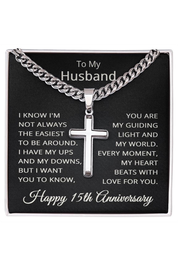 15th Anniversary Necklace for Husband 15 Years Anniversary Jewelry for Him Men Cuban Link Chain with Cross Pendant