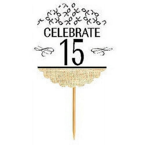 15th Birthday / Anniversary Novelty Burlap Cupcake Decoration Picks -12pack