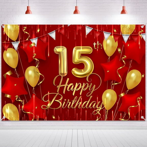 15th Birthday Backdrop Banner Decorations Red and Gold for Boys Girls Happy 15 Years Old Bday Background Photography Party Decor Sign Supplies