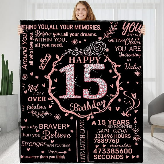 15th Birthday Blanket Gifts for Girls - Happy 15th Birthday Gift Ideas for Her - 15 Year Old Gifts for Daughter Sister Bestie - Flannel Fleece Soft Throw Blanket