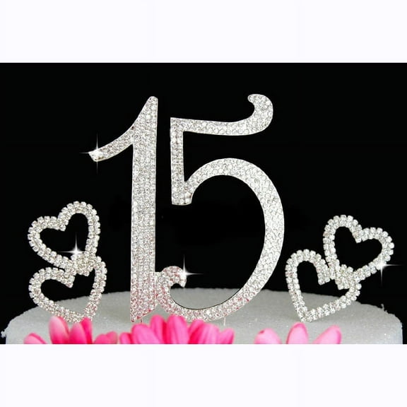15th Birthday Cake Topper Quinceanera Bling Birthday Caketop with Hearts Cake Picks