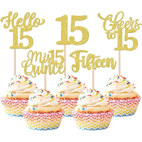 15th Birthday Cupcake Toppers - Gold Glitter Hello 15 Cheers to 15 Mis Quince Fifteen Cupcake Picks for Quinceanera 15th Birthday Party Decorations, Pack of 10