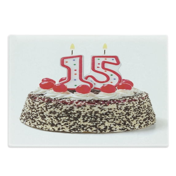 15th Birthday Cutting Board, Chocolate Cherry Tasty Cake with Number Candles Surpise Party Theme Image, Decorative Tempered Glass Cutting and Serving Board, Large Size, Multicolor, by Ambesonne