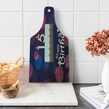 15th Birthday Cutting Board, Number 15 Burning Candles on Cake with Abstract Display, Decorative Tempered Glass Cutting and Serving Board, Wine Bottle Shape, Blue Pink White, by Ambesonne