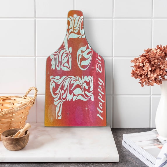 15th Birthday Cutting Board, Teen Girls Themed Floral Number Design with Hearts and Stars Print, Tempered Glass Cutting and Serving Board, Wine Bottle Shape, Pink Orange White, by Ambesonne