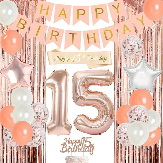 15th Birthday Decorations for Girls Rose Gold Sweet 15 Birthday Party Supplies with Happy Birthday Banner Cake Topper Sash Number 15 Star Foil Balloons Tinsel Curtain 15 Year Old Birthday Decor