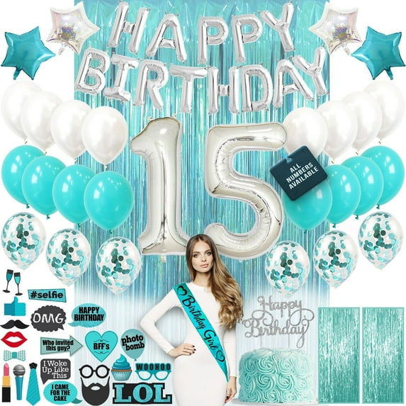 15th Birthday Decorations Quinceanera Party Supplies, 15th Teal Green Banner Confetti Balloons Curtain Backdrop, Props Photos 15 Bday