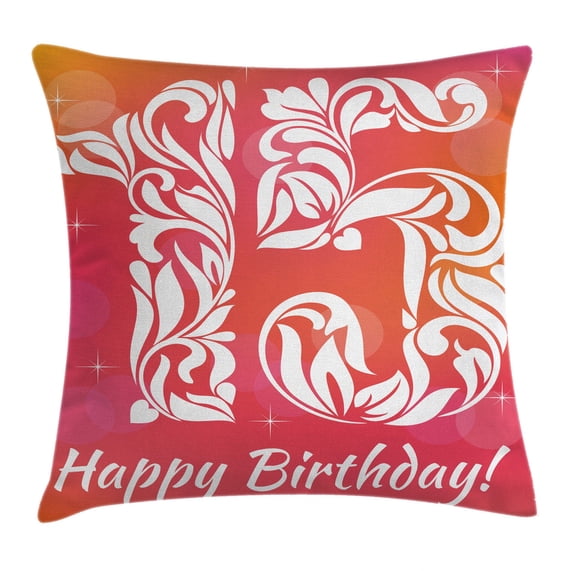 15th Birthday Decorations Throw Pillow Cushion Cover, Teen Girls Room Floral Number Design with Hearts and Stars, Decorative Square Accent Pillow Case, 24 X 24 Inches, Pink Orange White, by Ambesonne