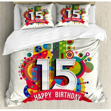 15th Birthday Duvet Cover Set Queen Size, Colorful Fun Composition with Geometrical Elements Greetings Celebration, Decorative 3 Piece Bedding Set with 2 Pillow Shams, Multicolor, by Ambesonne