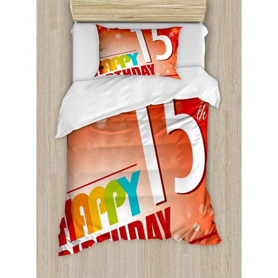 15th Birthday Duvet Cover Set Twin Size, Happy Fifteenth Birthday Concept with Greetings Rays Colorful Retro Style, Decorative 2 Piece Bedding Set with 1 Pillow Sham, Multicolor, by Ambesonne