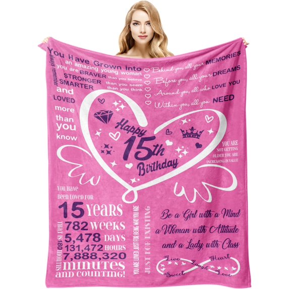 15th Birthday Gifts for Girls, Happy 15th Birthday for Daughter Blanket 60"X50", 15 Year Old Girl Birthday Gifts for Women, 15th Birthday Decorations for Girls, Gifts Ideas for Her Sister Blankets