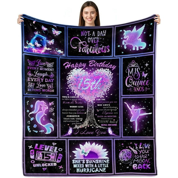 15th Birthday Gifts for Teen Girls Blanket 60"x50", 15 Year Old Girl Birthday Gift Ideas, Gifts for 15 Year Old Girls, Quinceanera Gifts, 15th Birthday Decorations for Girls Throw Blanket
