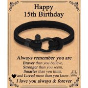 15th Birthday Gifts for Boys Teens, Black Braided Rope Bracelet with Inspirational Card, 15 Year Old Milestone Keepsake Present