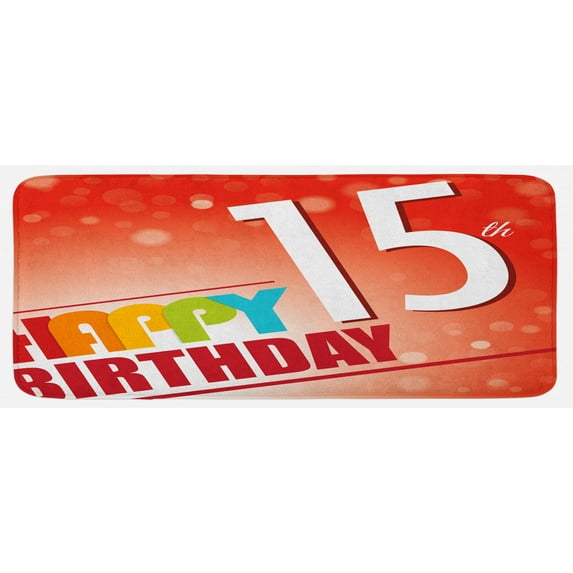 15th Birthday Kitchen Mat, Happy Fifteenth Birthday Concept with Greetings Rays Colorful Retro Style, Plush Decorative Kitchen Mat with Non Slip Backing, 47" X 19", Multicolor, by Ambesonne