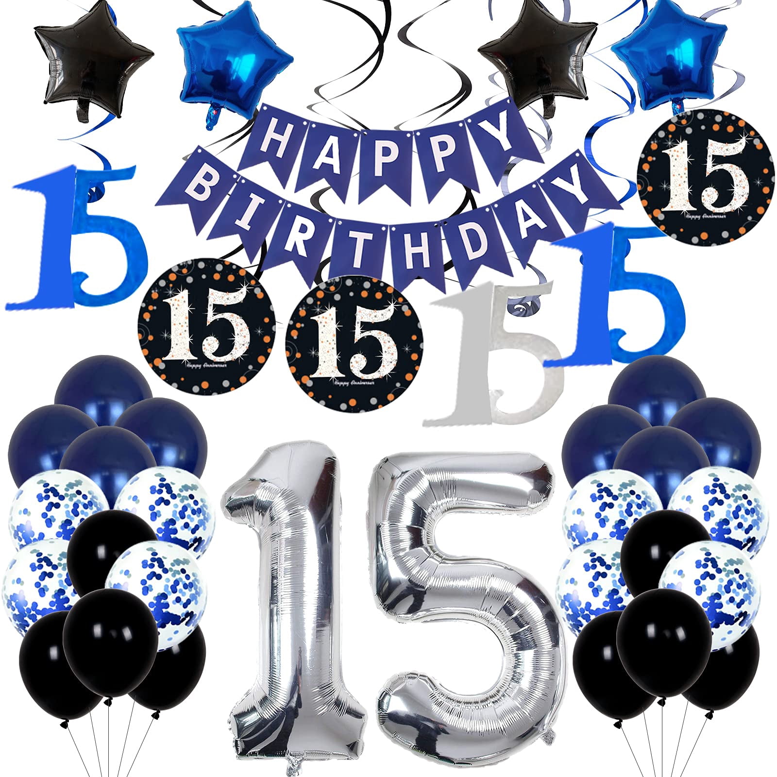 15th Birthday for OIF8Boys Girls Blue Birthday For Teenager Kids Party Supplies Including HAPPY BIRTHDAY Banner Balloons for Birthday Party Decor 15 Years Old Birthday Party