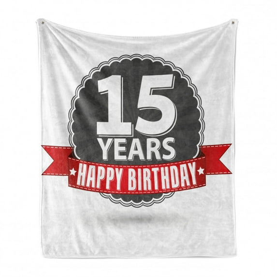 15th Birthday Soft Flannel Fleece Throw Blanket, 15 Years Emblem and Celebration in Vintage Style Design, Cozy Plush for Indoor and Outdoor Use, 50" x 70", Red Grey and White, by Ambesonne
