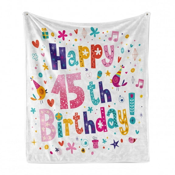 15th Birthday Soft Flannel Fleece Throw Blanket, Girlish Design Teenager in Cartoon Style Birds and Flowers Print, Cozy Plush for Indoor and Outdoor Use, 50" x 70", Multicolor, by Ambesonne