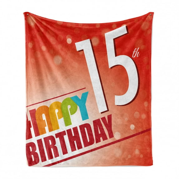 15th Birthday Soft Flannel Fleece Throw Blanket, Happy Fifteenth Birthday Concept with Greetings Rays Colorful Retro Style, Cozy Plush for Indoor and Outdoor Use, 60" x 80", Multicolor, by Ambesonne