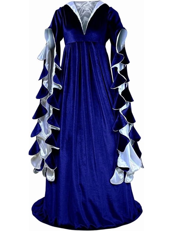 15th Century Scalloped Houppelande Overdress – Medieval Court Gown with Train & Lined Sleeve Tippets – Renaissance Noble Lady - XX Large, Blue/White