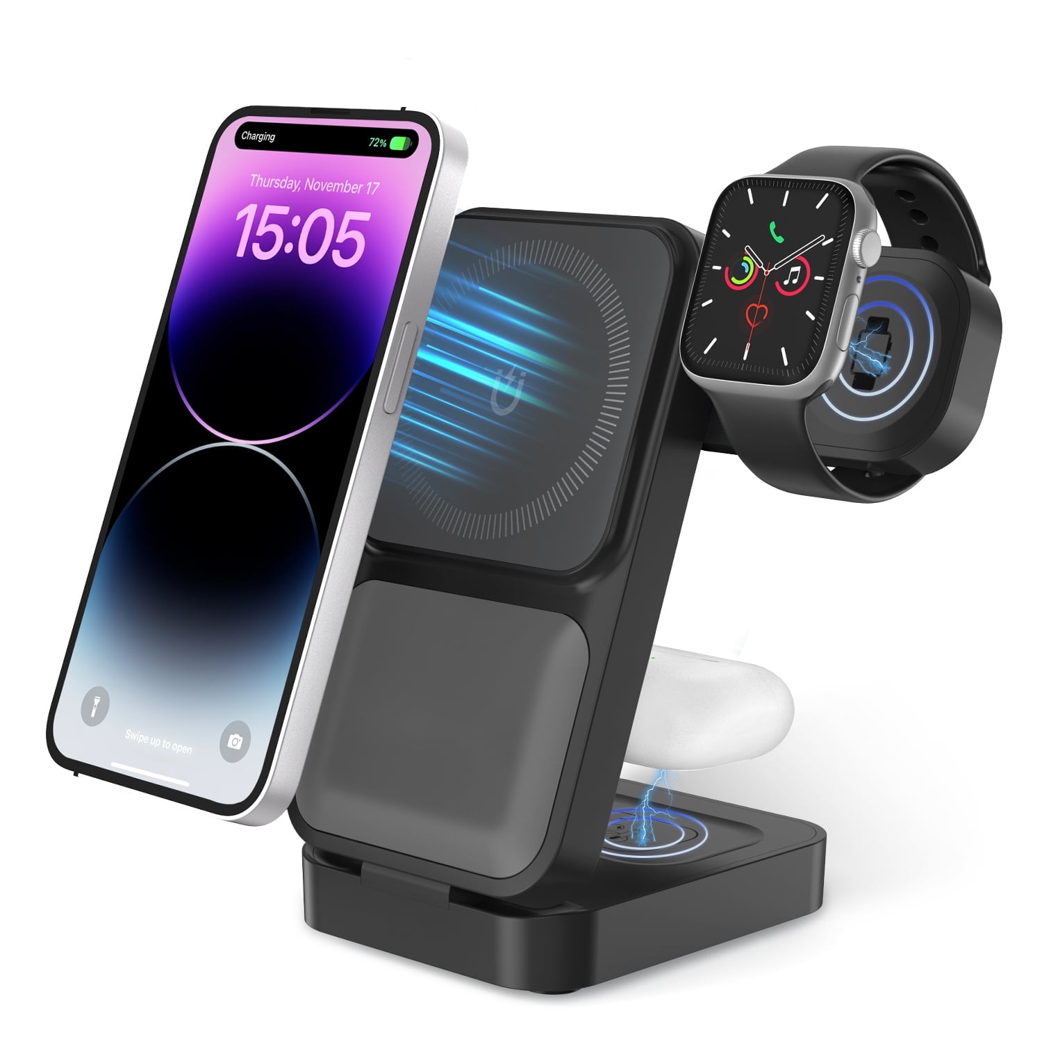 15w Foldable 3-in-1 Wireless Charger Stand for Apple Magsafe Stand for iPhone 16pro Watch Ultra2 (Black)