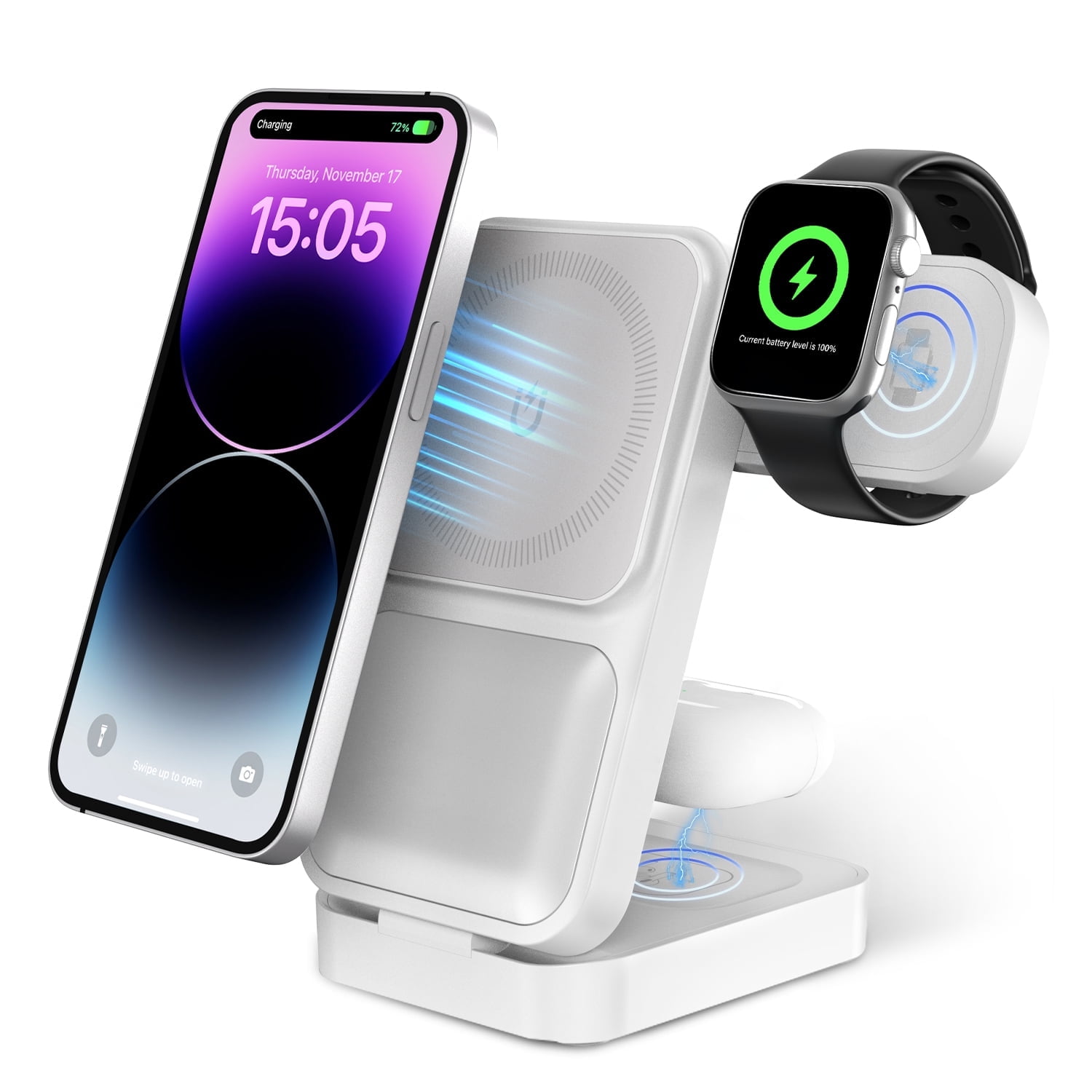 15w Foldable 3-in-1 Wireless Charger Stand for Apple Magsafe Stand for iPhone 16pro Watch Ultra2 (white)